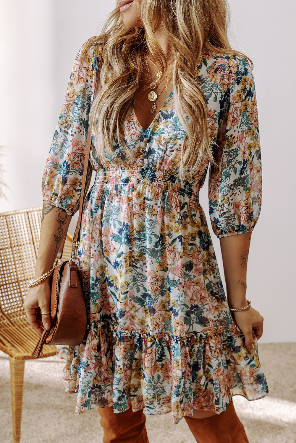 Sky Blue Floral 3/4 Sleeve V-Neck High Waist Ruffle Dress