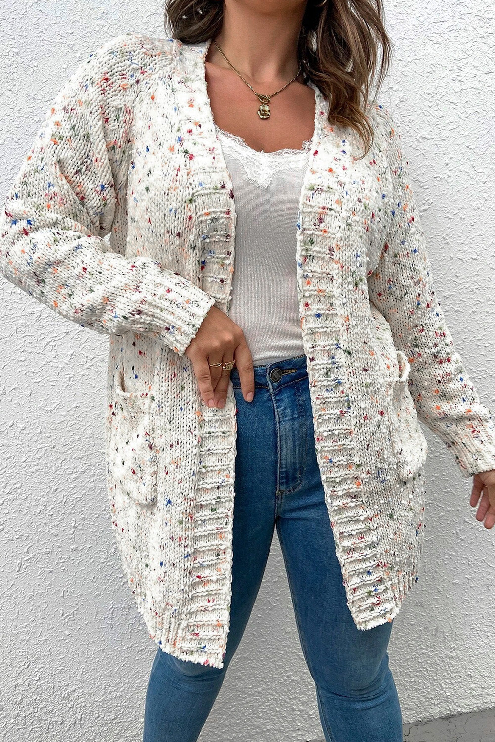 Cardigan ouvert sur le devant avec confettis pop-corn arc-en-ciel blanc