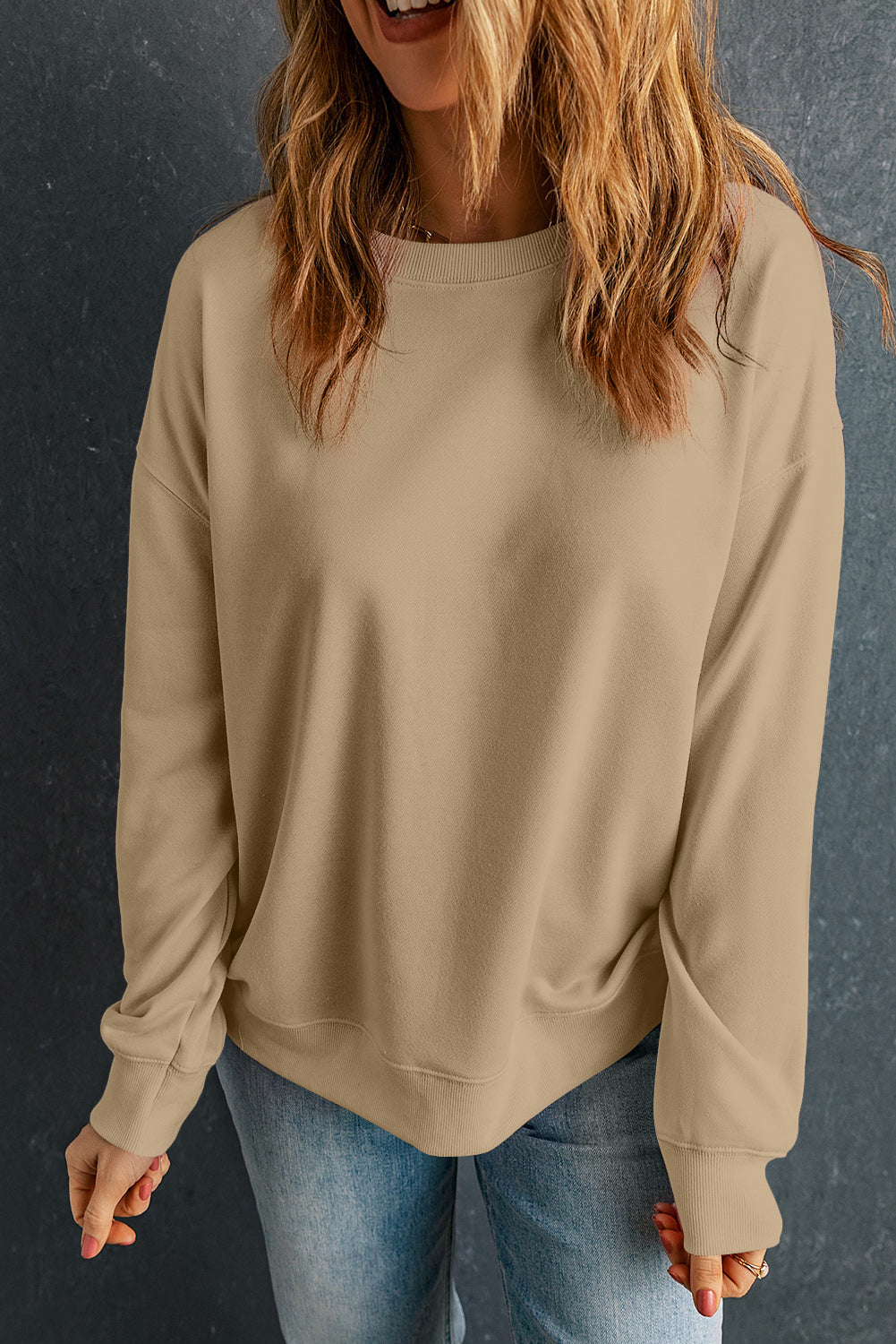 Sweat-shirt Khaki Solid Classic Crewneck Pullover