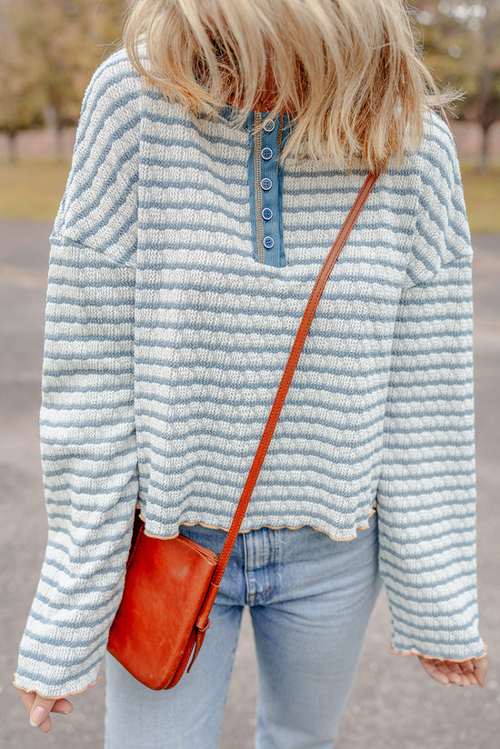 Long sleeve top Henley Textured with sky blue stripes *