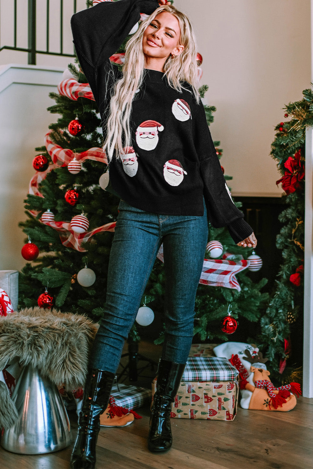 Black sequined sweater with Santa bishop sleeves