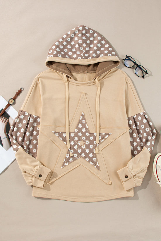 Apricot Floral Patchwork Star Print Drawstring Hoodie