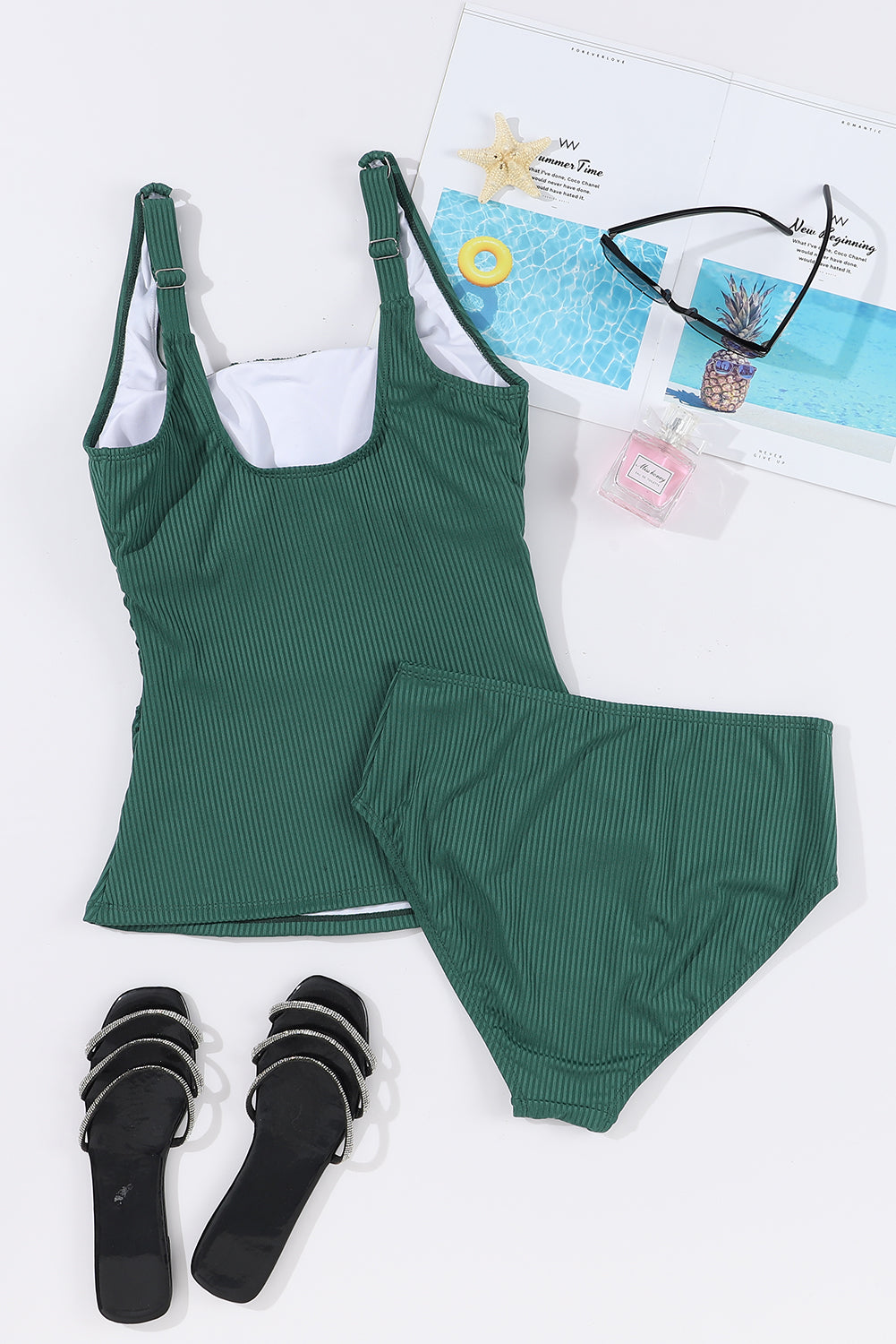 Blackish Green Ruched U Neck Ribbed Tankini