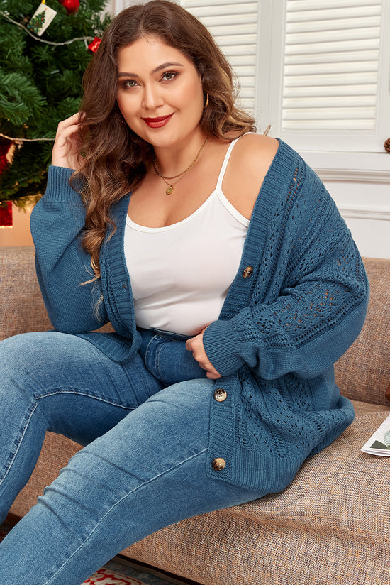 Cardigan en tricot ouvert avec col en V et boutons sur le devant, épaules tombantes, grande taille, bleu sarcelle