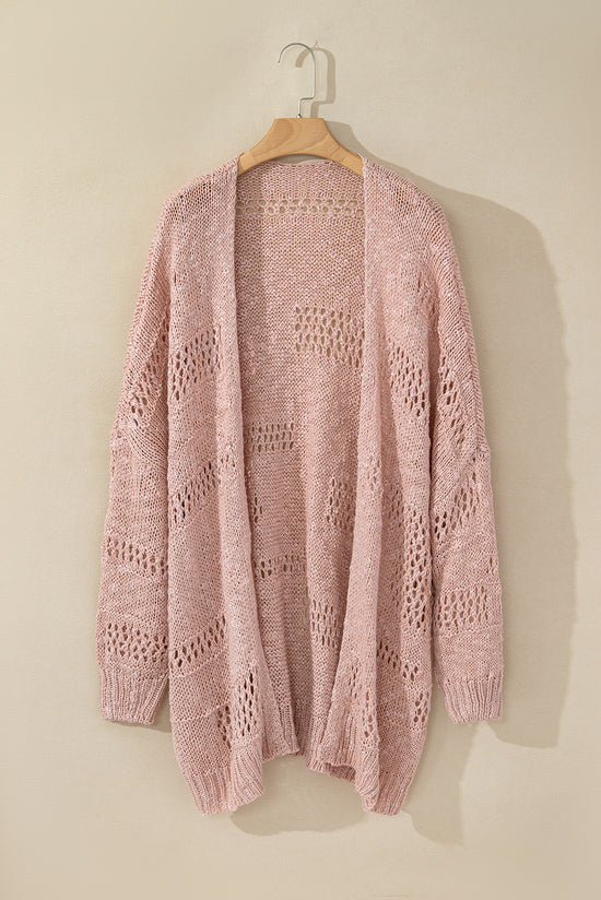 Pink Casual Hollow Knit Dolman Sleeve Cardigan