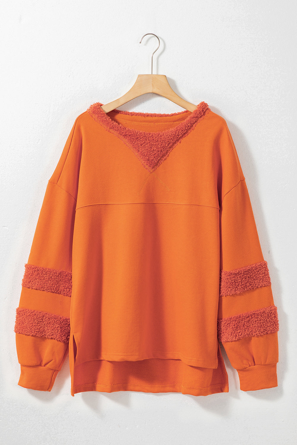 Carrot Fleece Patchwork Side Slits High Low Sweatshirt