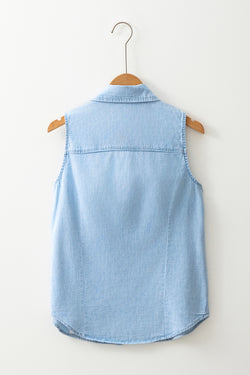 Chemise sans manches à col en jean bleu clair *