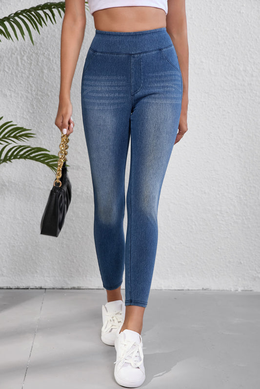 Blu scuro blu magro elastico elastico jeggings a metà lunghezza con tasche