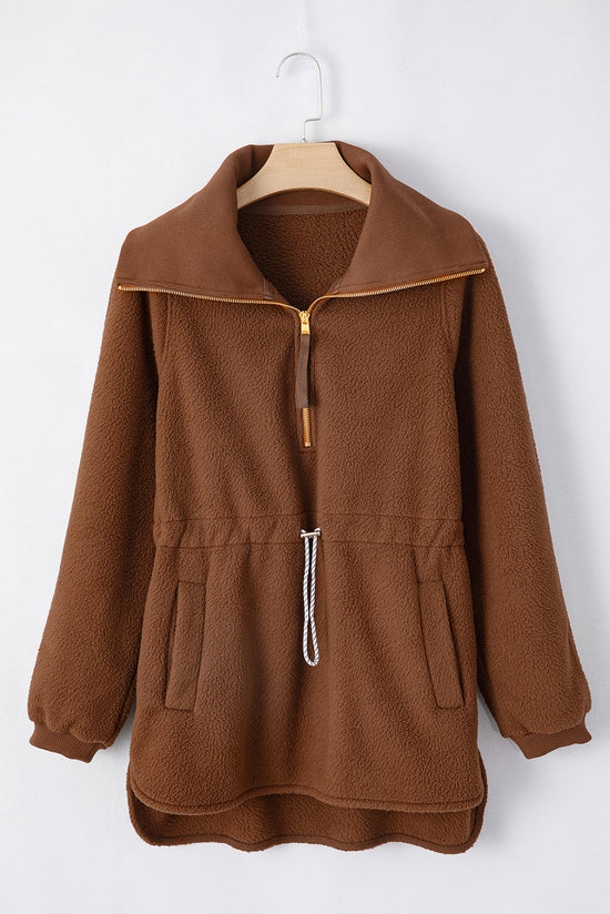 Brown half-zip fleece sweatshirt