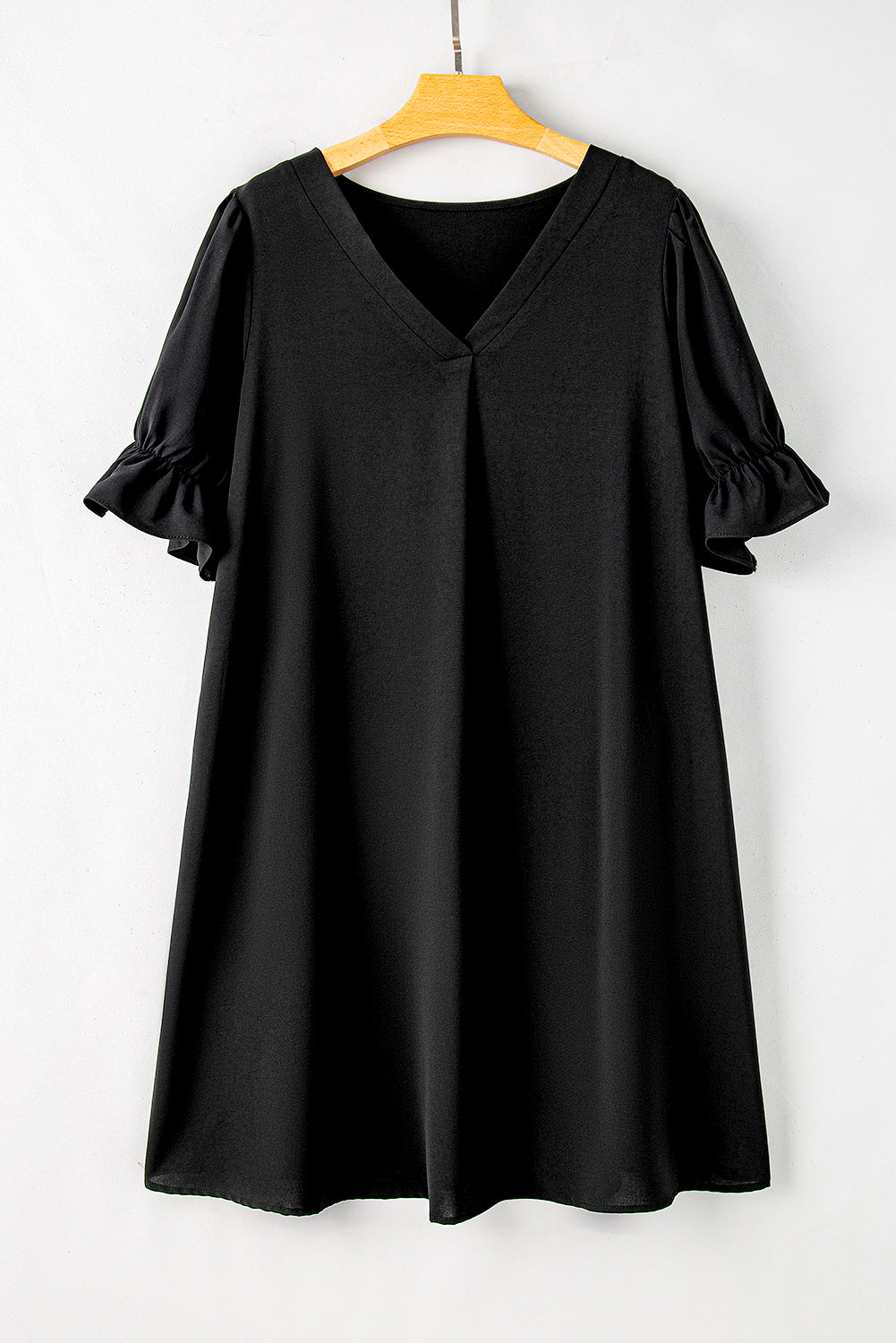 Minivestido liso con volantes, manga abullonada, cuello en V, talla grande, negro