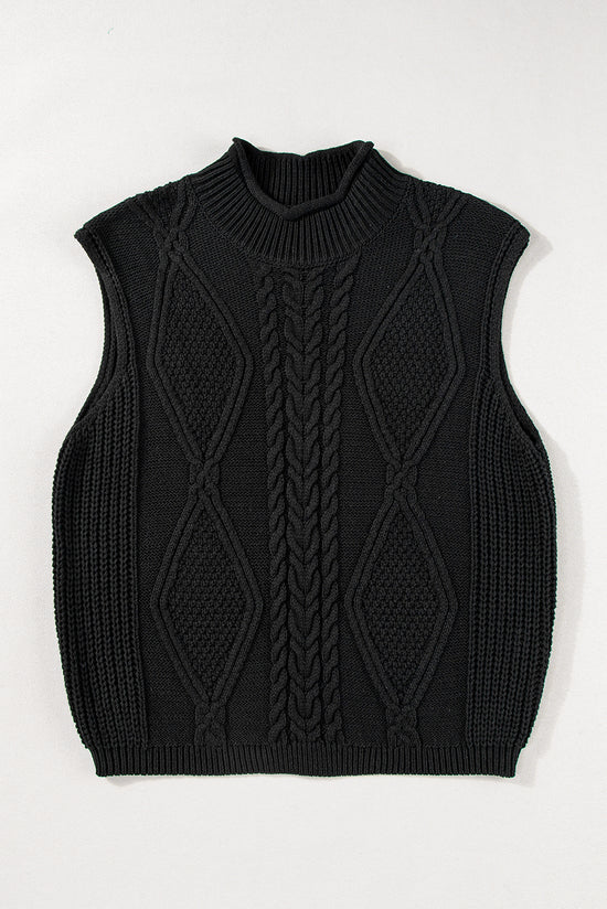 Gilet pull noir à col haut en tricot torsadé de couleur unie