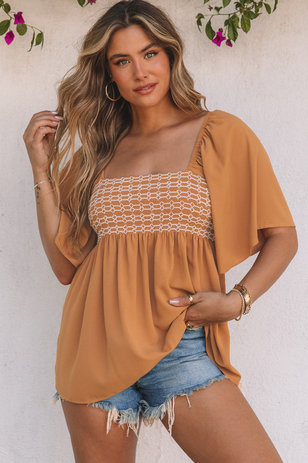 Brown Square Neck Wide Sleeves Flowy Top