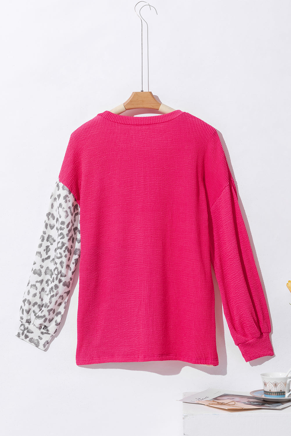 Rose Leopard Patchwork Color Block Ribbed Long Sleeve Top