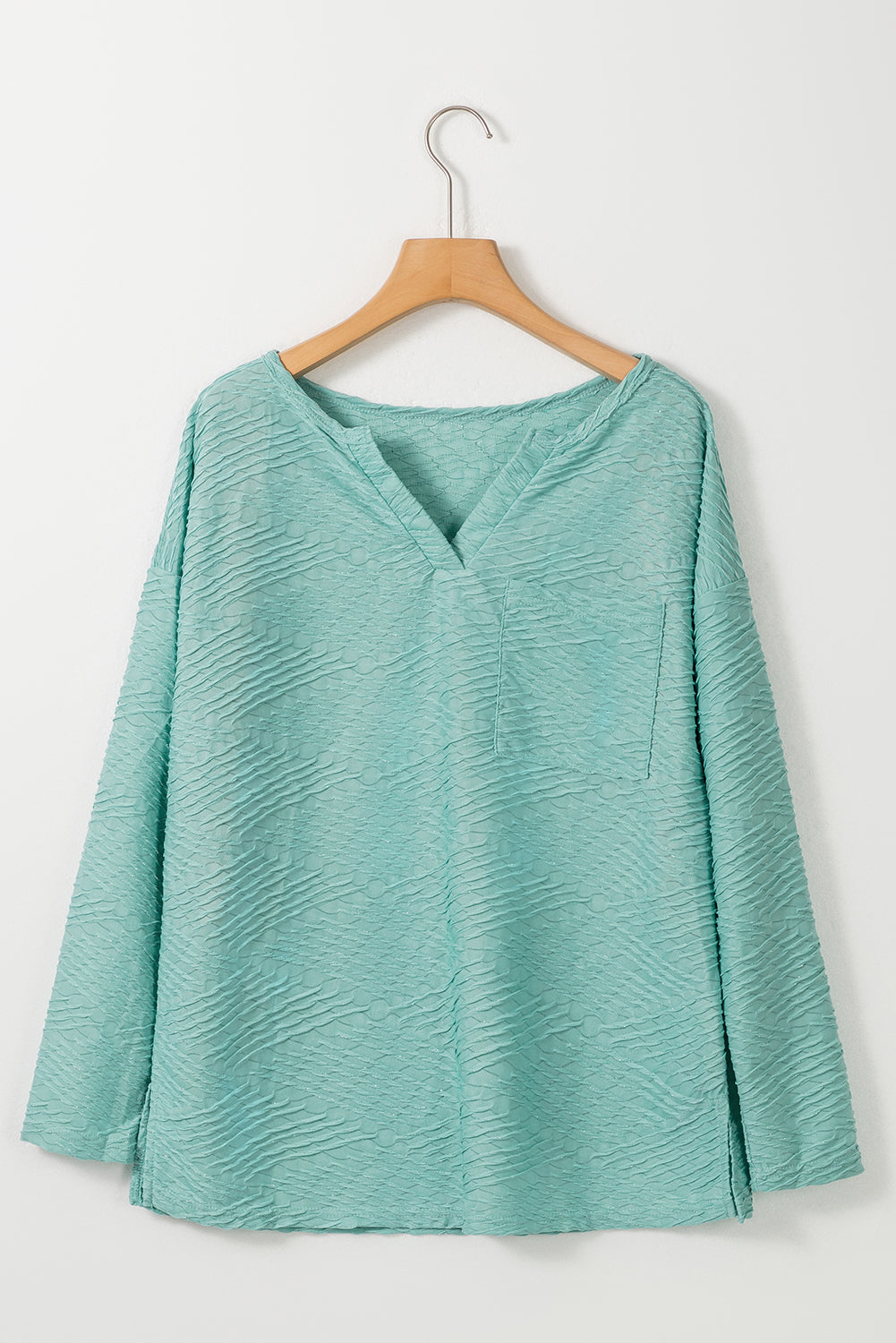 Green Textured Split Neck Long Sleeve Top