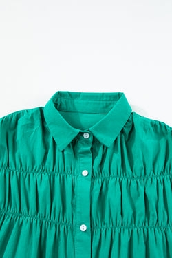 Bright green buttoned short dress with ruffled sleeves and ruched detail