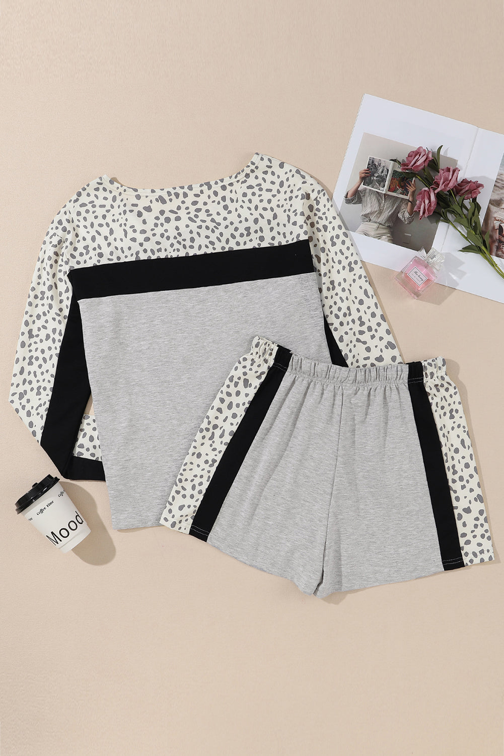 Gray Leopard Colorblock Patchwork Pullover and Shorts Set