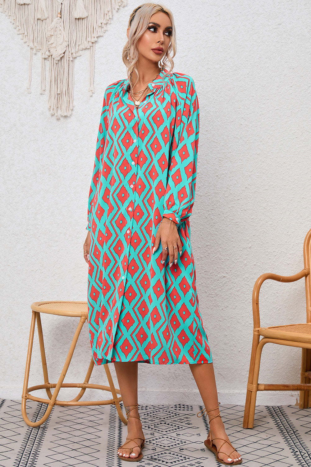 Sky Blue Western Geometric Print Split Buttoned Shirt Dress