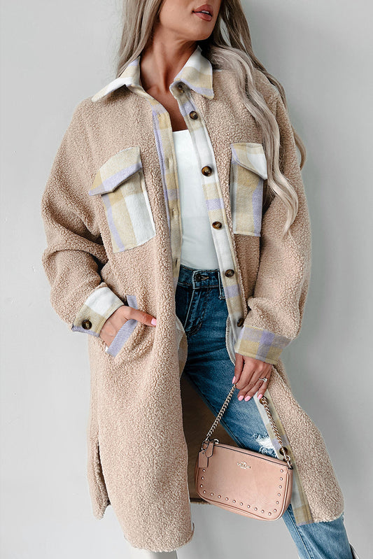 Patchwork gris fumé boutonlate boutonnée sherpa long manteau