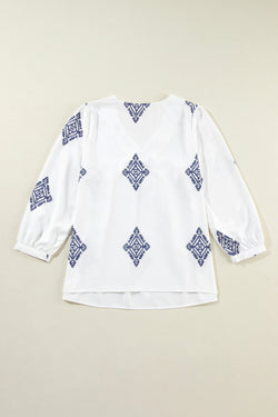 White V -neck blouse and sleeve Boho geometric print bracelet