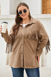 Khaki Suede Jacket with Fringe Trim, Plus Size