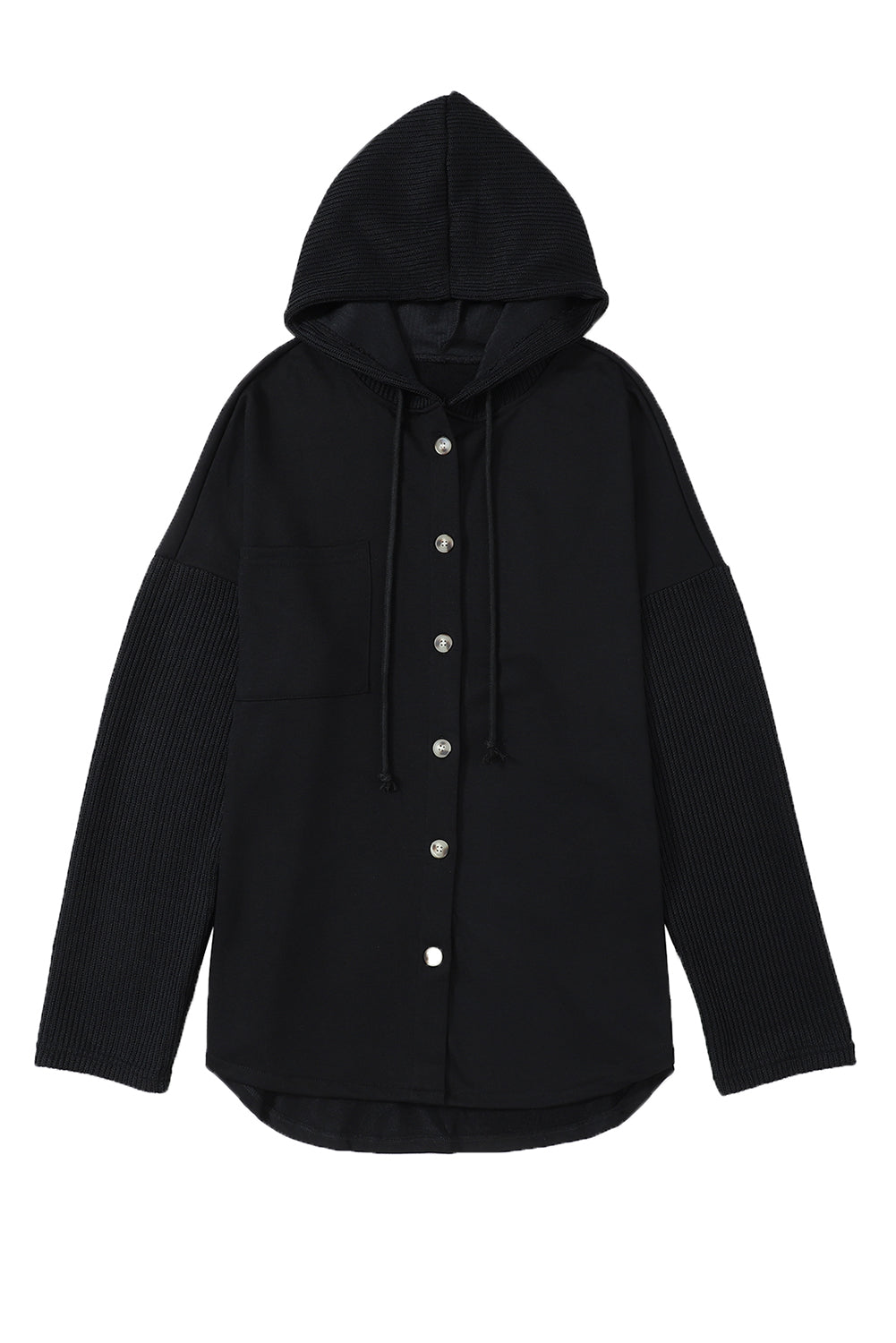 Veste à capuche noire boutonnée à manches tricotées contrastées