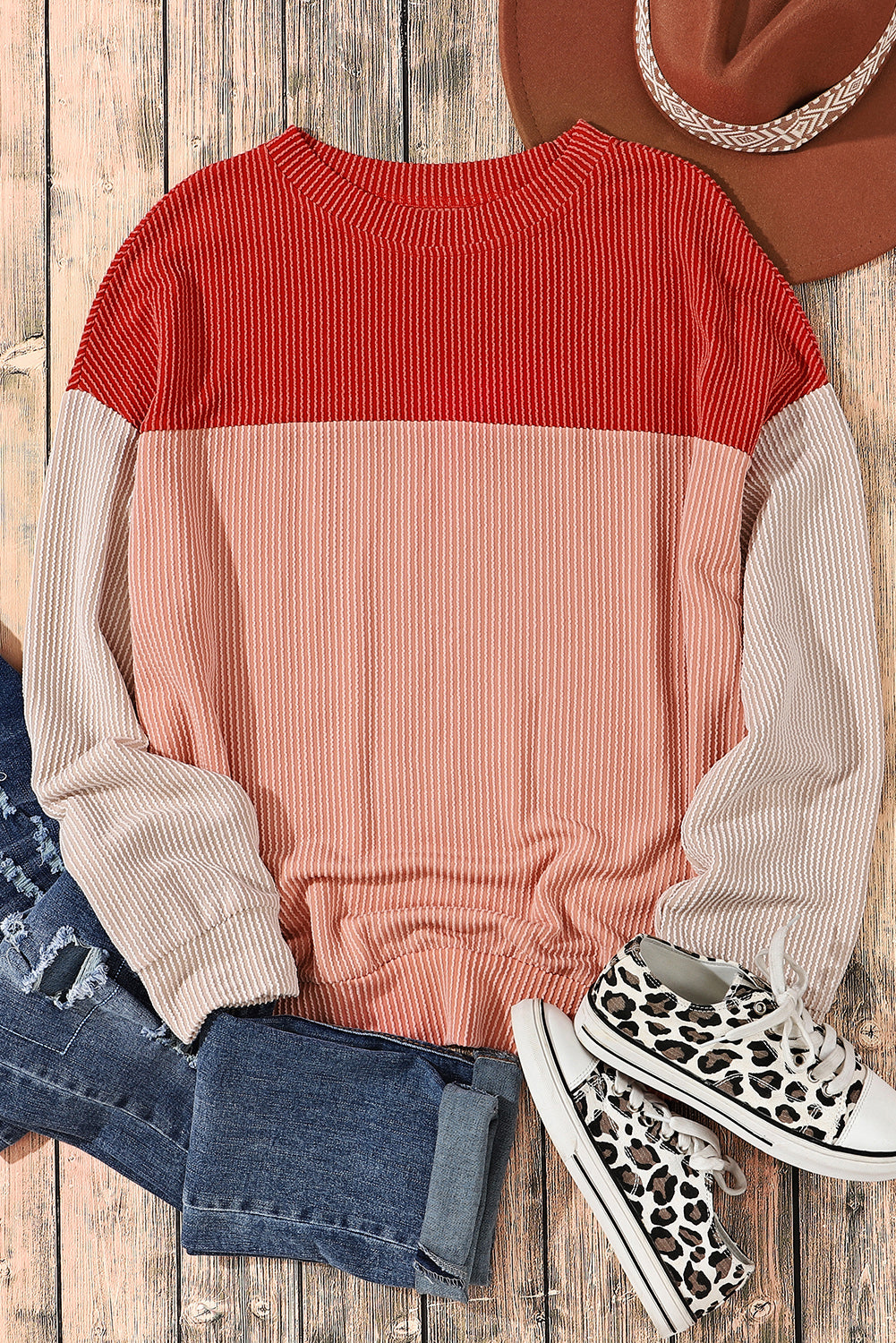 Fiery Red Color Block Long Sleeve Rimole Sliose