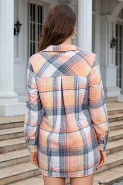 Pink plaid shirt dress with rolled up sleeves and side slit