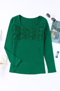 Green Long Sleeve V-Neck Lace Crochet Top