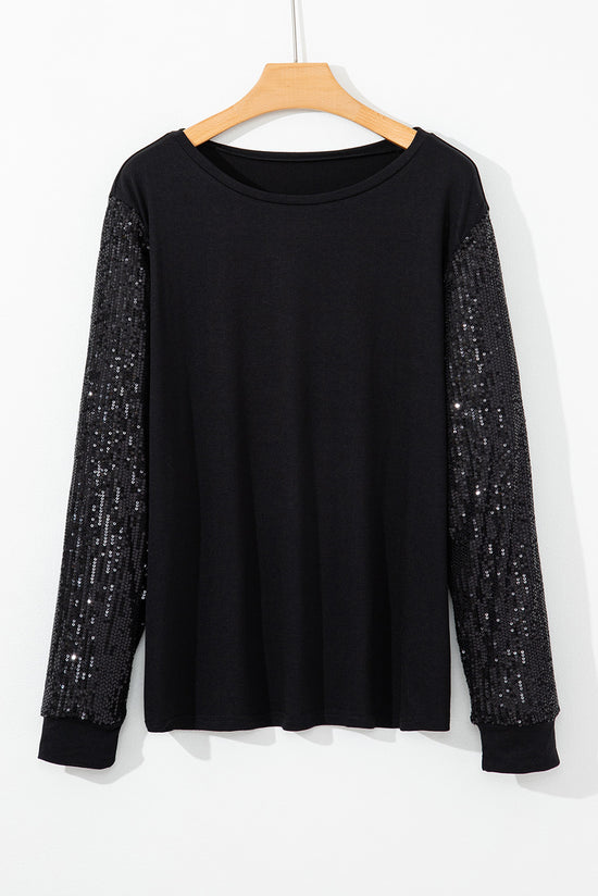 Black contrast long sleeve top with sequins, plus size