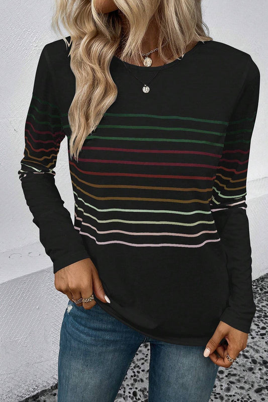 Top de manga larga con cuello redondo a rayas multicolor negro