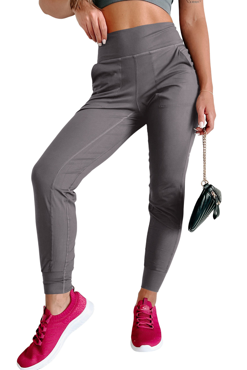 Pantalon de jogging taille haute avec poches et coutures apparentes gris moyen