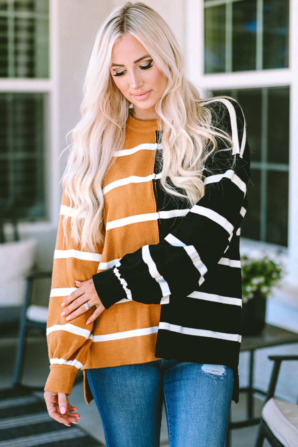 Stripe Oversized Contrast Printed Dropped Shoulder Top