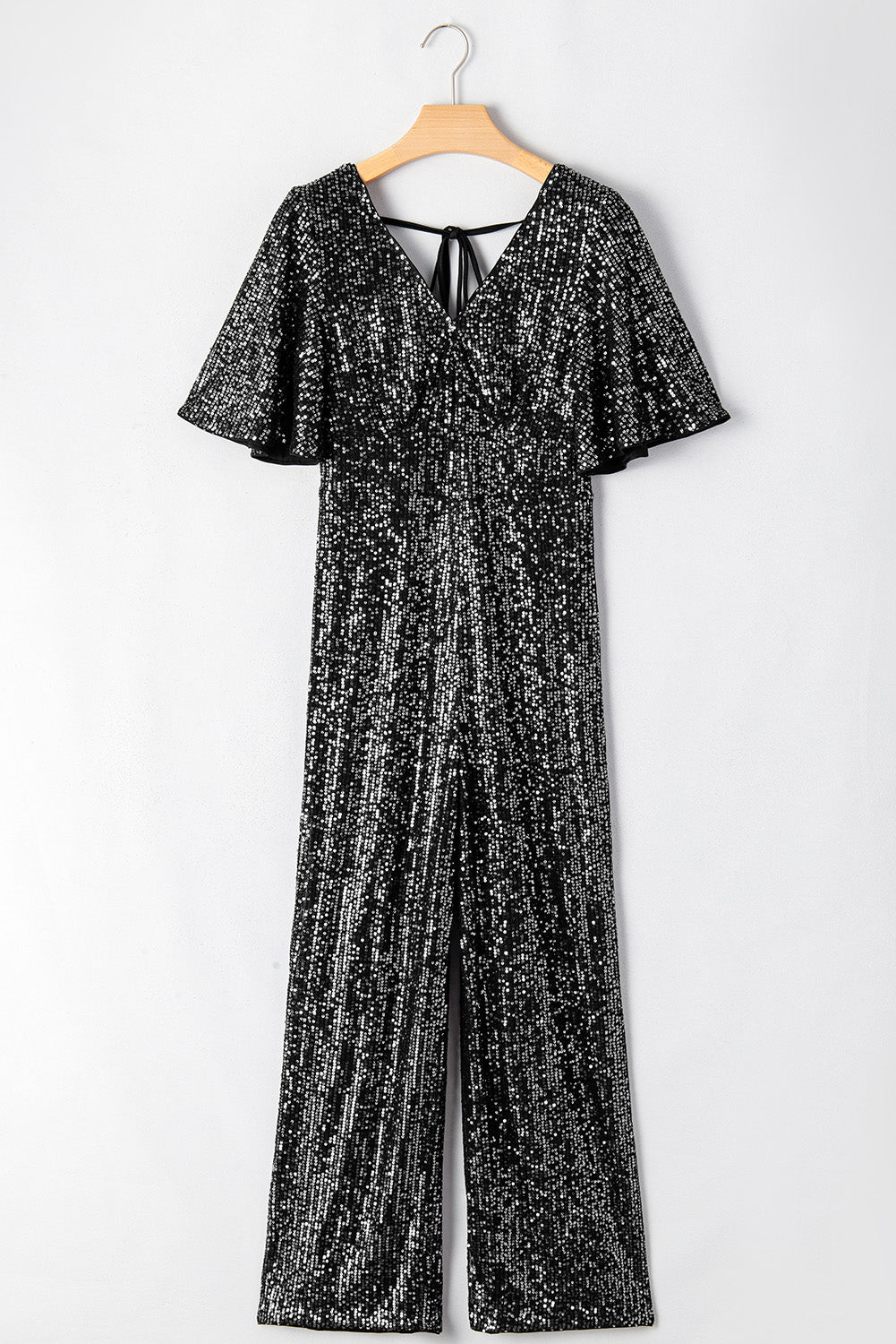 Black Sequin Jumpsuit, V-Neck, Flutter Sleeves, Wide Leg