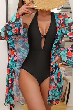 Black monokini in Licou collar with floral beach cover