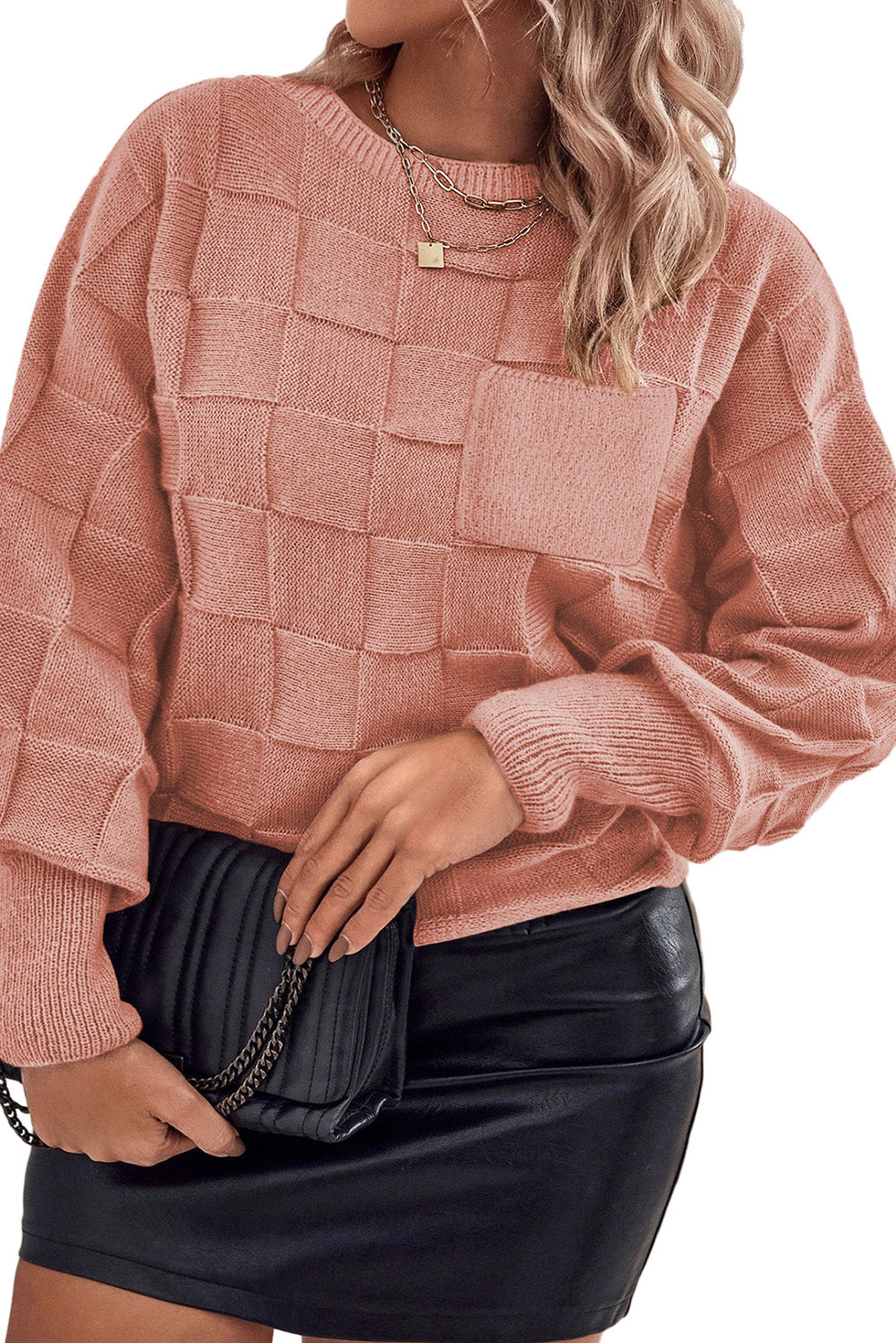 Rose Tan - Pull en tricot texturé à carreaux unis de grande taille