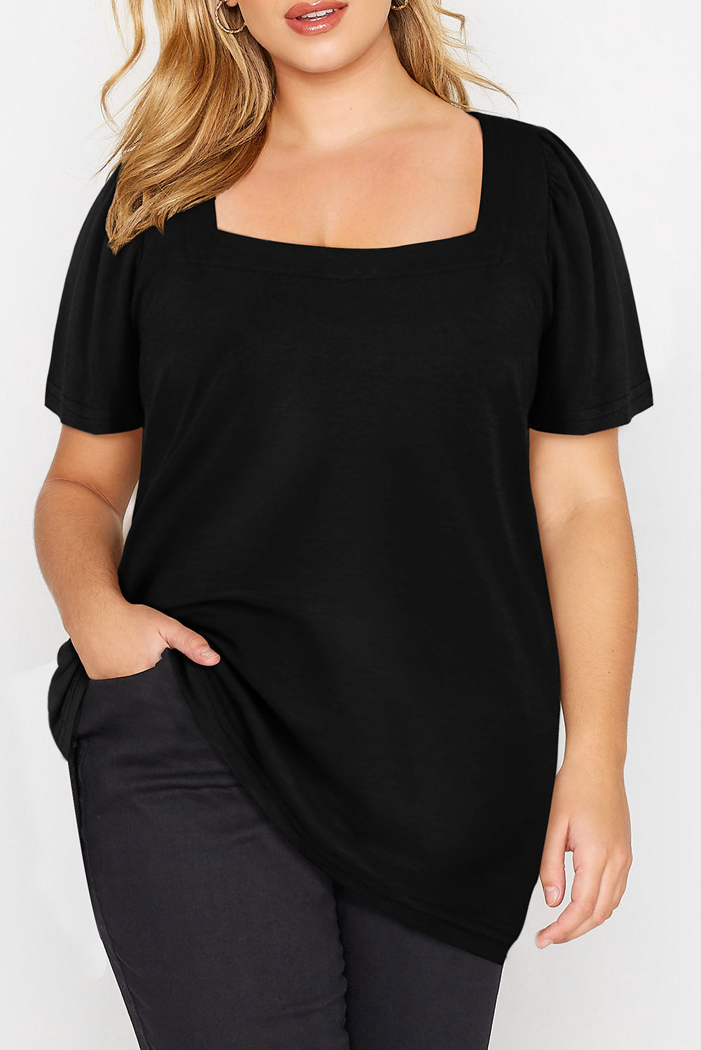 Black Plus Size Square Square Short Short Shleeve Top