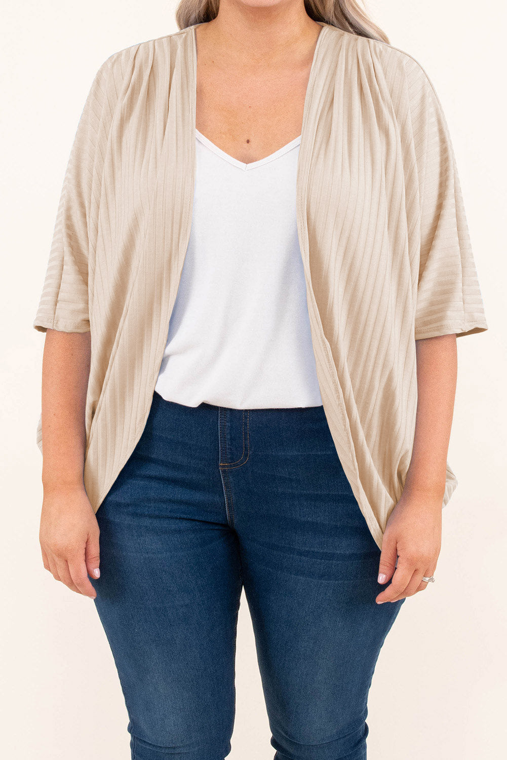 Apricot Shimmer Ribbed Texture Plus Size Cardigan