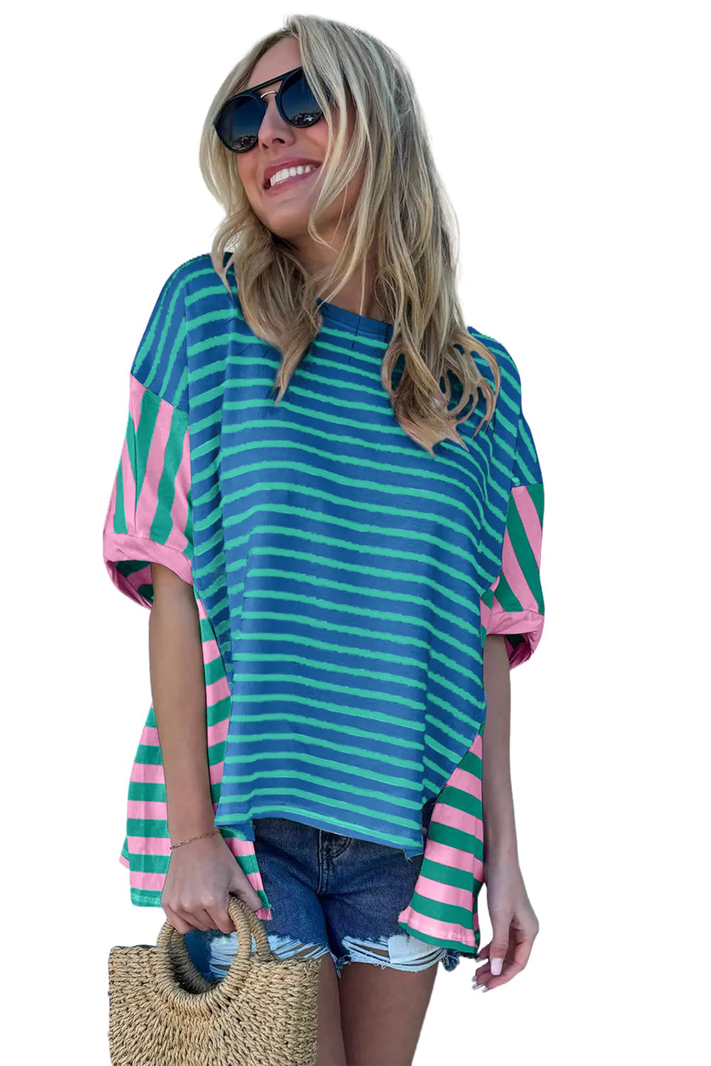 Blue Stripe Colorblock Patchwork Baggy T -Shirt