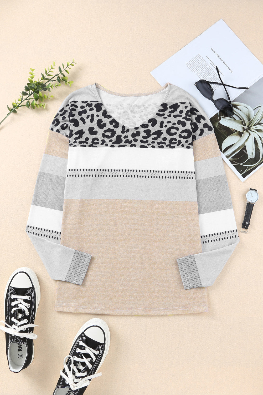 Apricot Leopard Color Block V-Neck Top