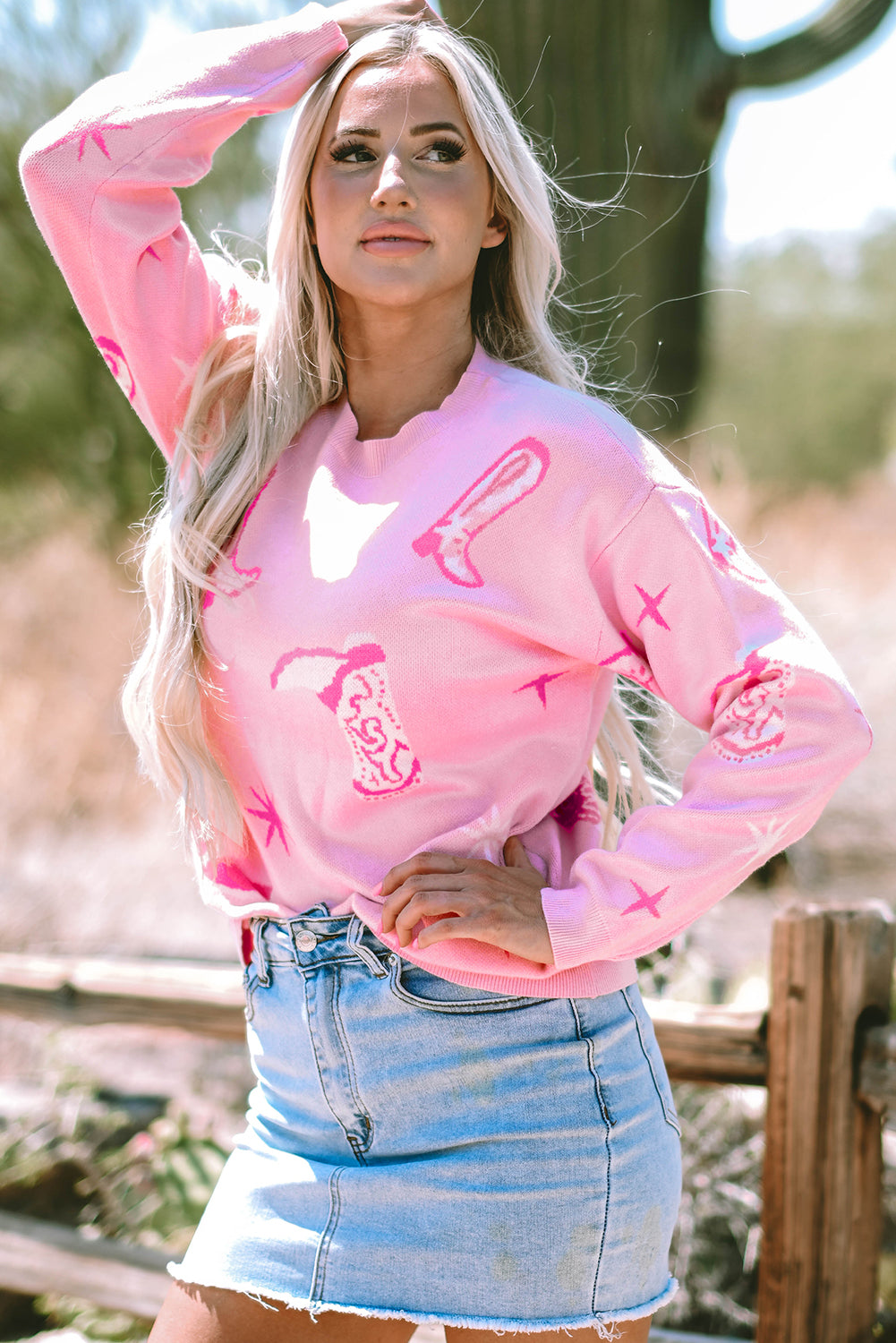 Pink western cowboy boot sweater