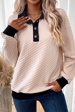 Oatmeal Textured Contrast Trim Button-Down Sweatshirt