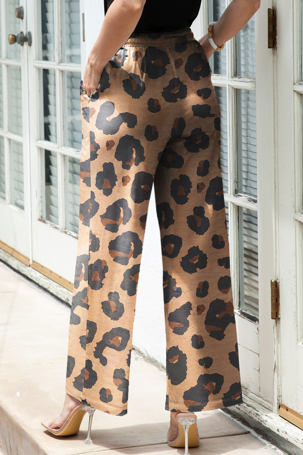 Pantalones casuales de pierna ancha con cordón de leopardo