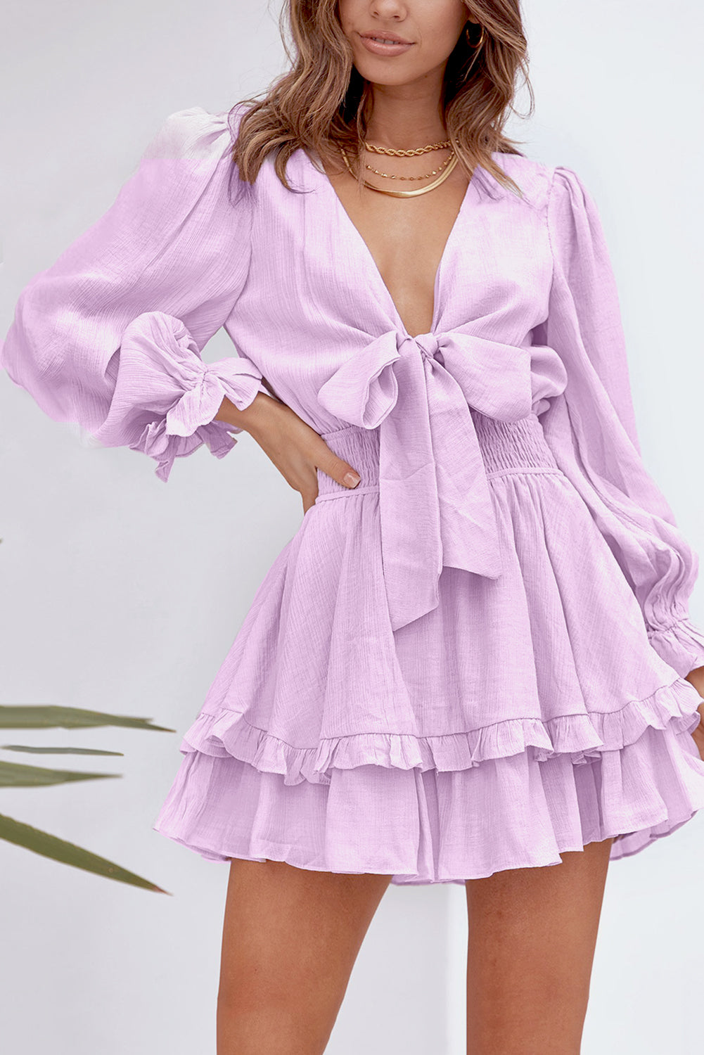 Mini-robe à niveau noué à manches lanterne en V Deep V