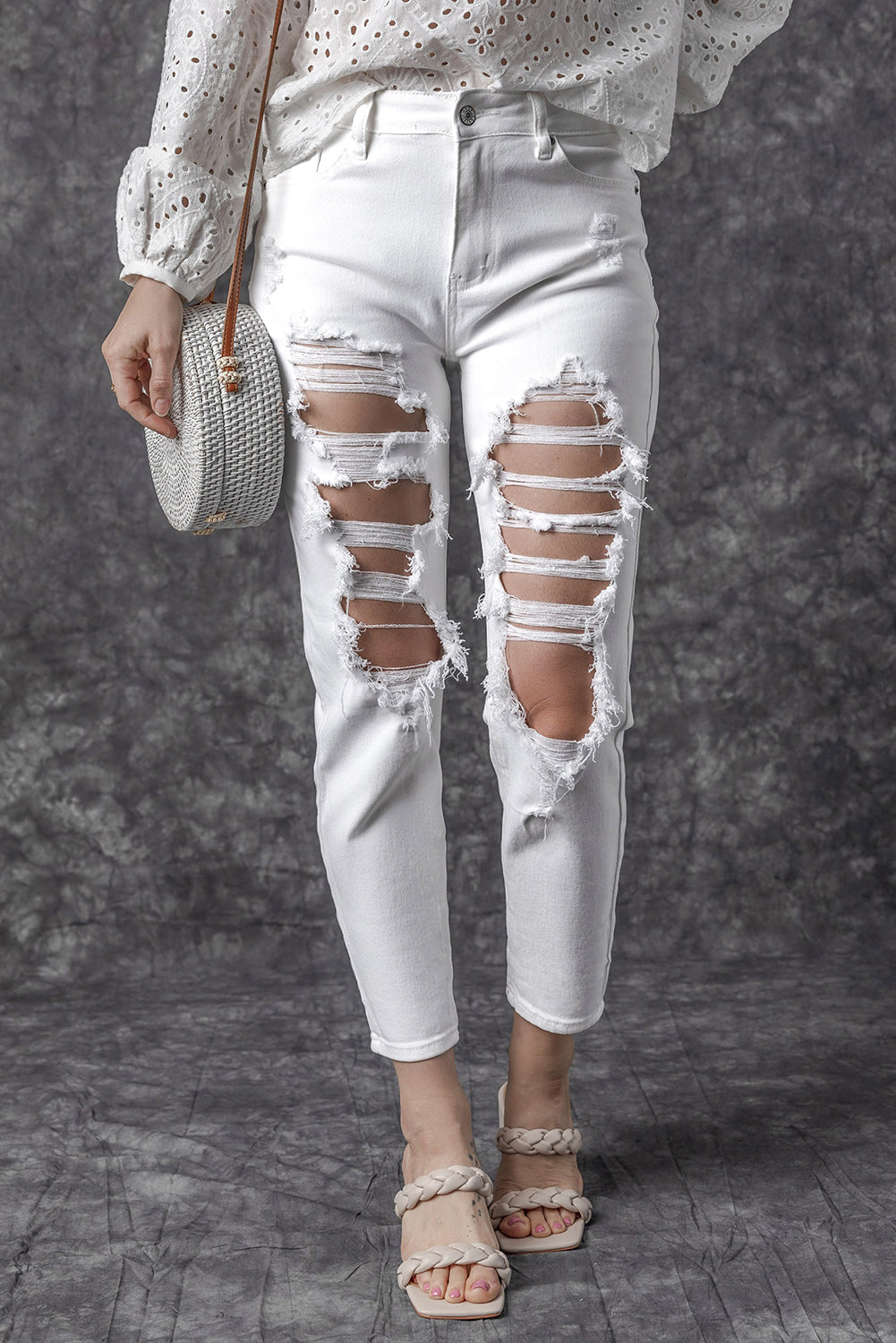 White Distressed Ripped Holes High Waist Skinny Jeans