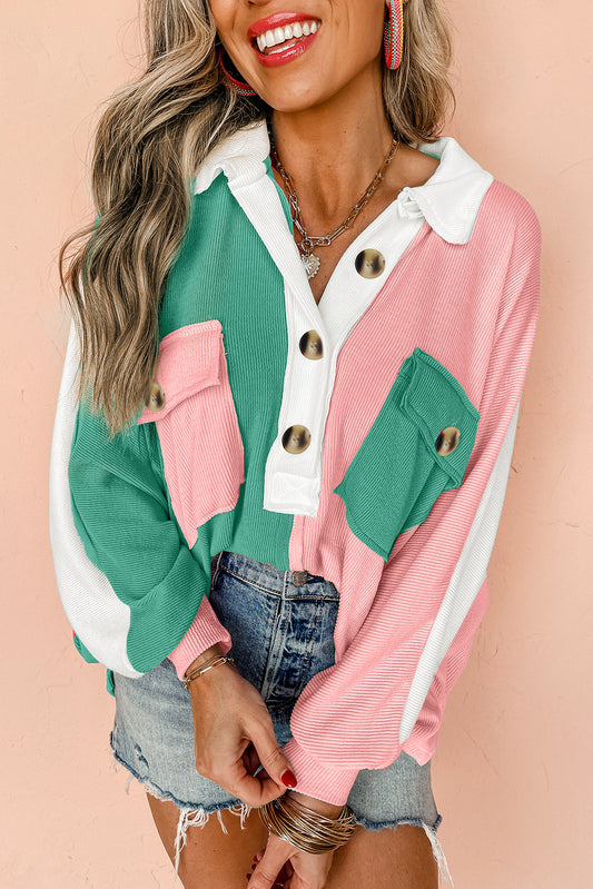 Rosa Colorblock Ripped Halshut übergroßes Sweatshirt