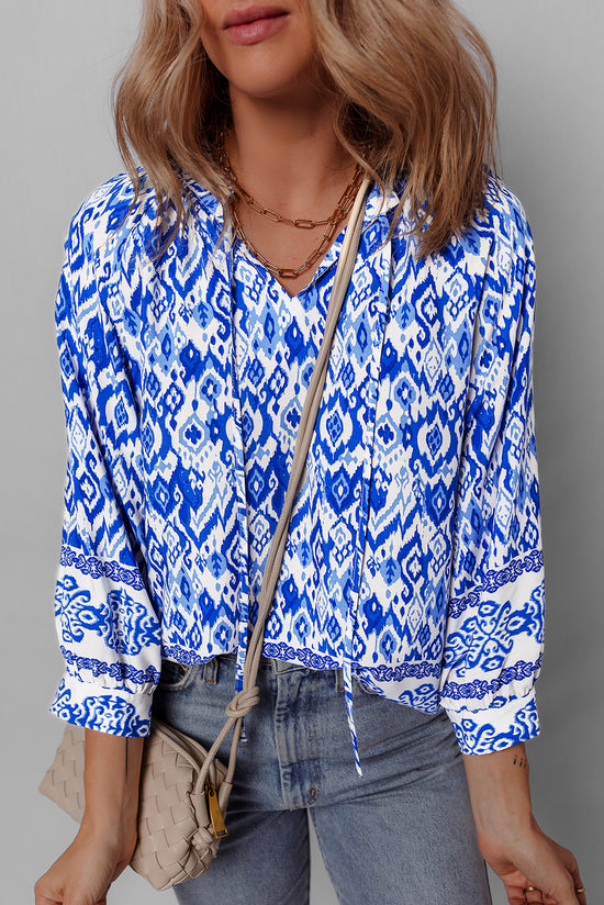 Blue blouse bohemian printed with 3/4 sleeve and tied collar