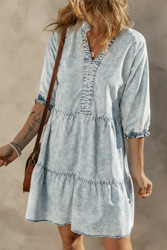 Retro Mid Sleeve Acid Wash Flare Denim Dress in Dusk Blue