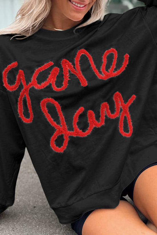 Tinsel Game Day Black Drop Shoulder Graphic Sweatshirt