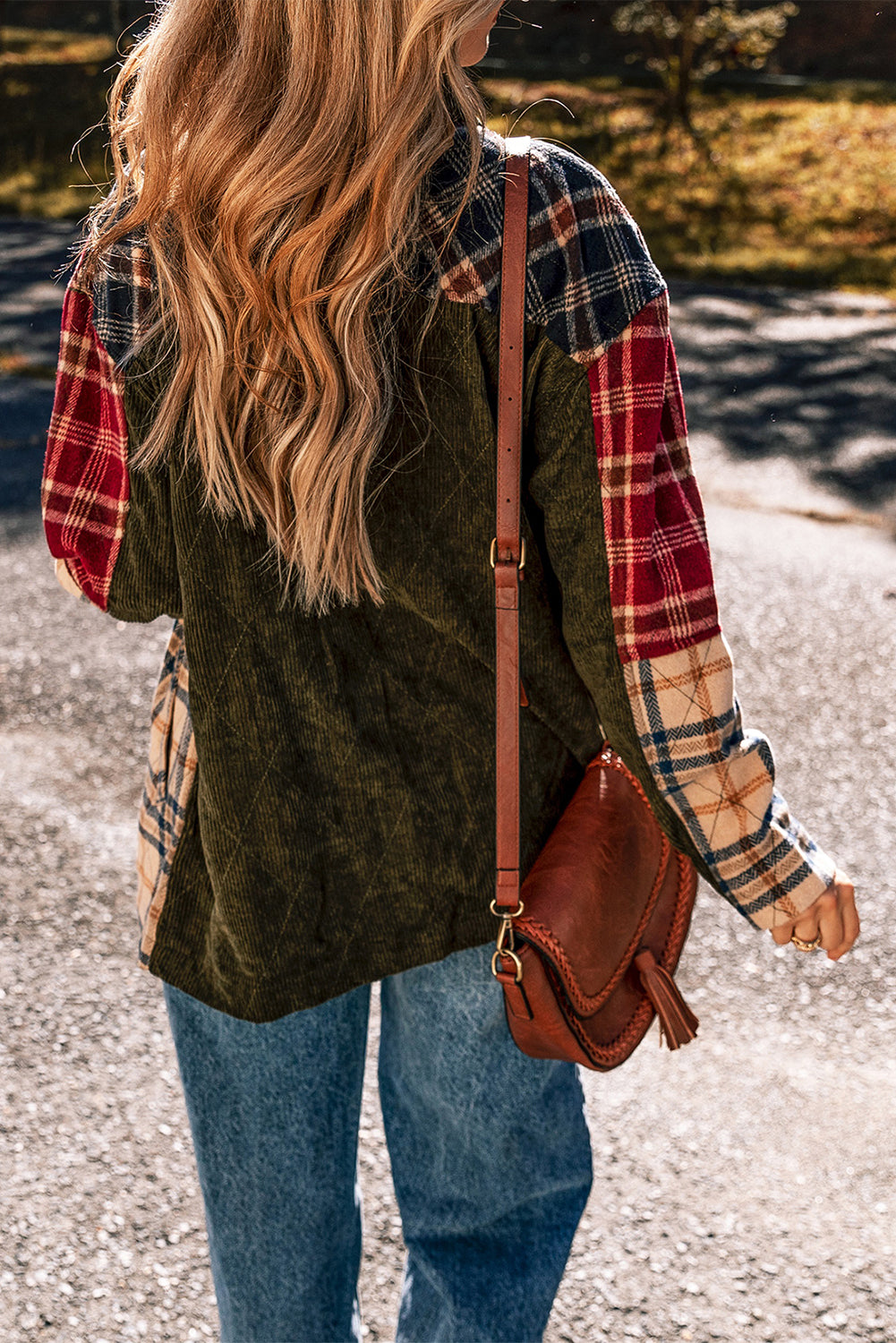 Veste rétro rouge à carreaux mélangés et patchwork