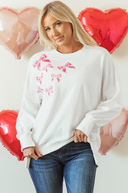 White Oversized Sequin Sweatshirt with Bow Tie, Top and Bottom